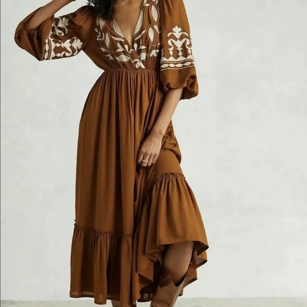 New Anthropologie Let Me Be Embroidered Open-Back Maxi Dress sz XS